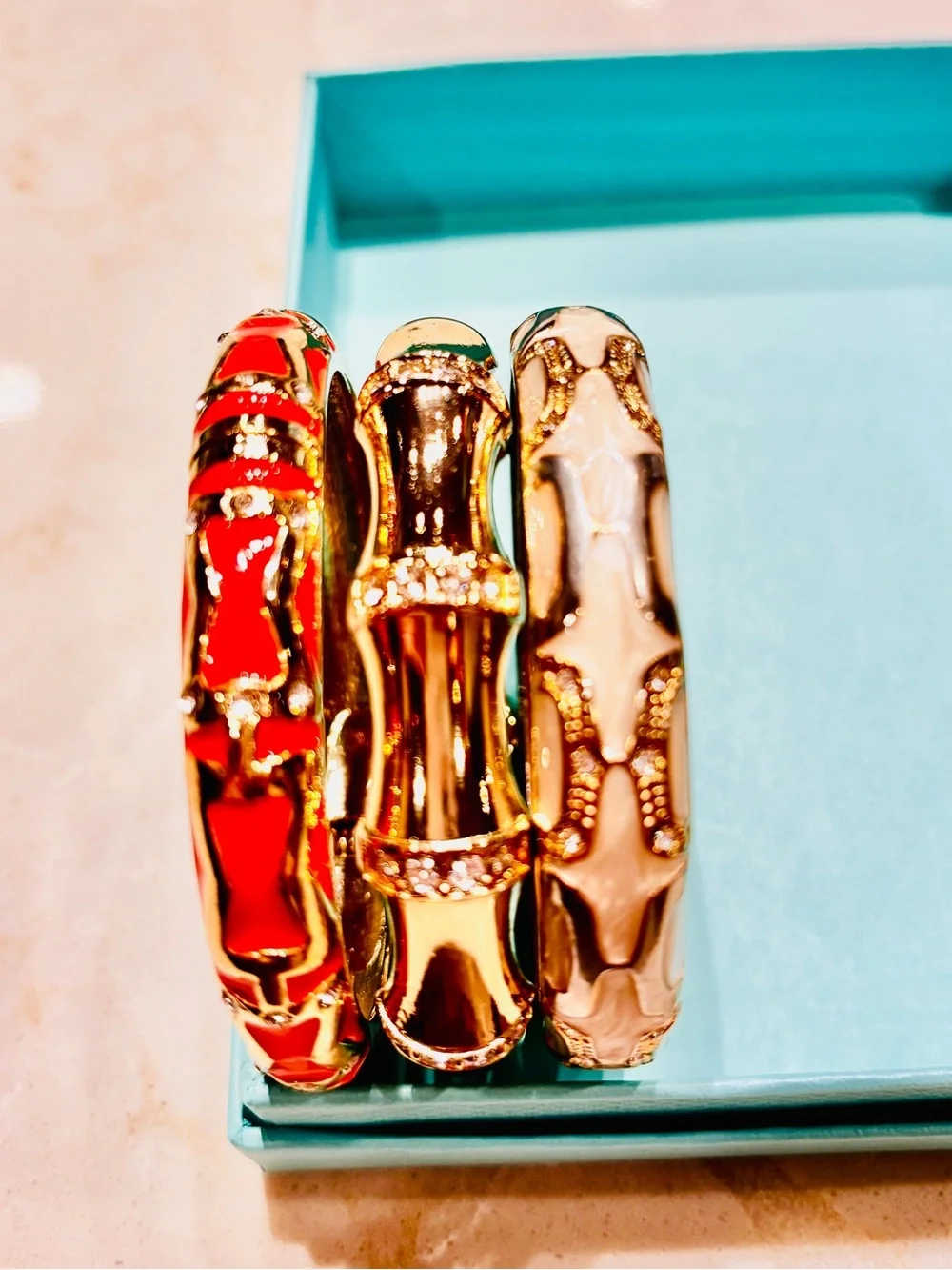 Nordstrom SEQUIN NYC Gold, Orange (dark coral) & Cream Enamel Bangle Trio